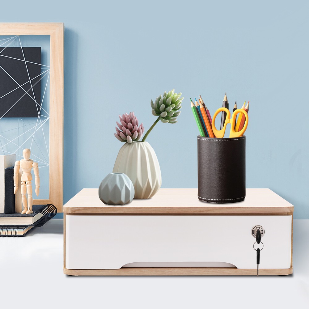 Desktop Storage Box w/ Lockable Drawer Wooden Office Supplies Drawer Organizer