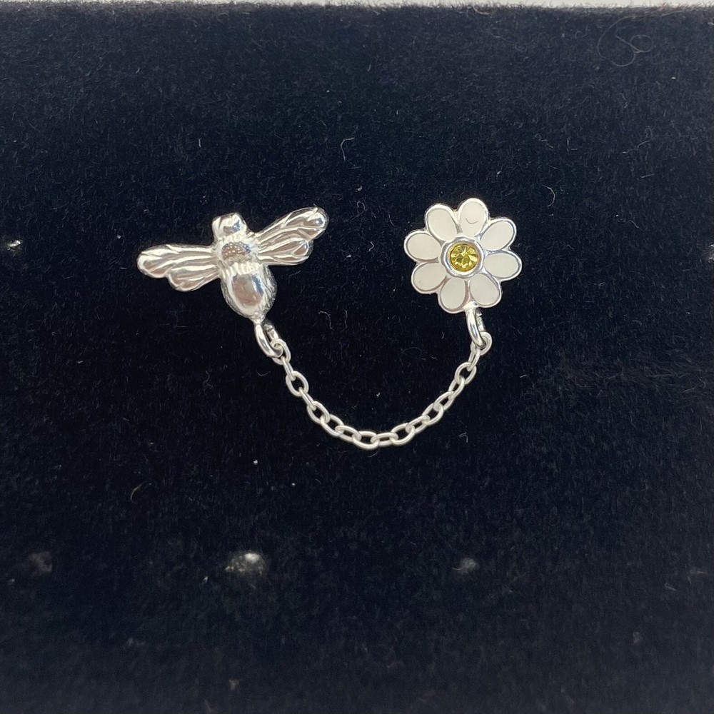 Sterling Silver White Daisy Honey Bee Double Stud Earring Linked w/Chain Womens