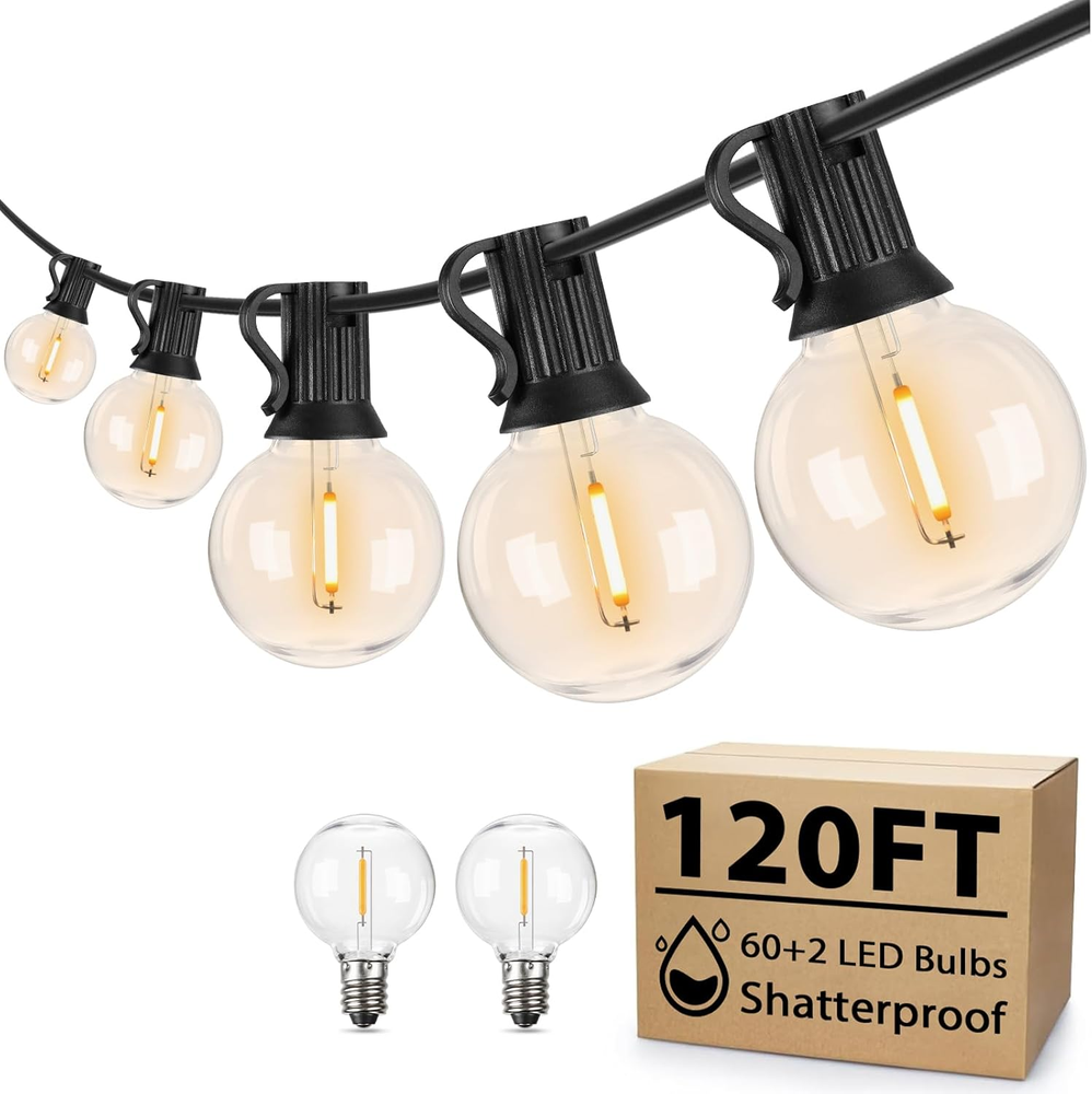 120FT Outdoor String Lights, Waterproof outside Patio String Lights with 62 Shat