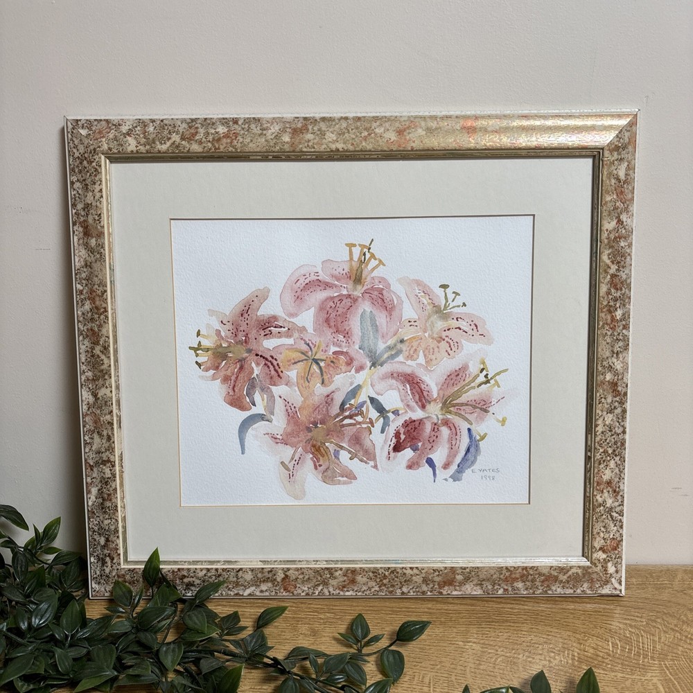 Framed Floral Watercolour by E. Yates – Pink Lilies Artwork 1998 – 44 cm x 39 cm