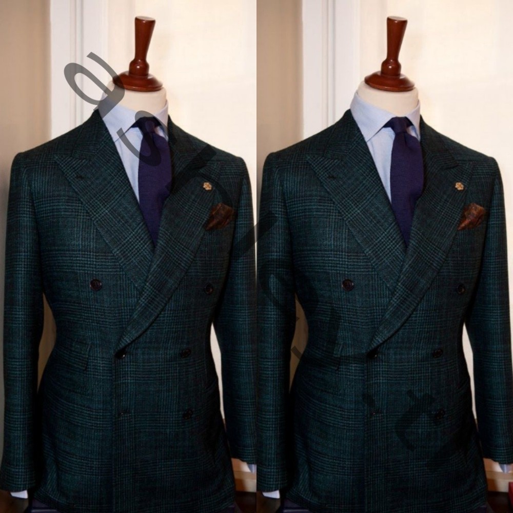 Plaid Men's Suits Peak Lapel Double Breasted Leisure Wedding Groom Tuxedo 2 Pcs