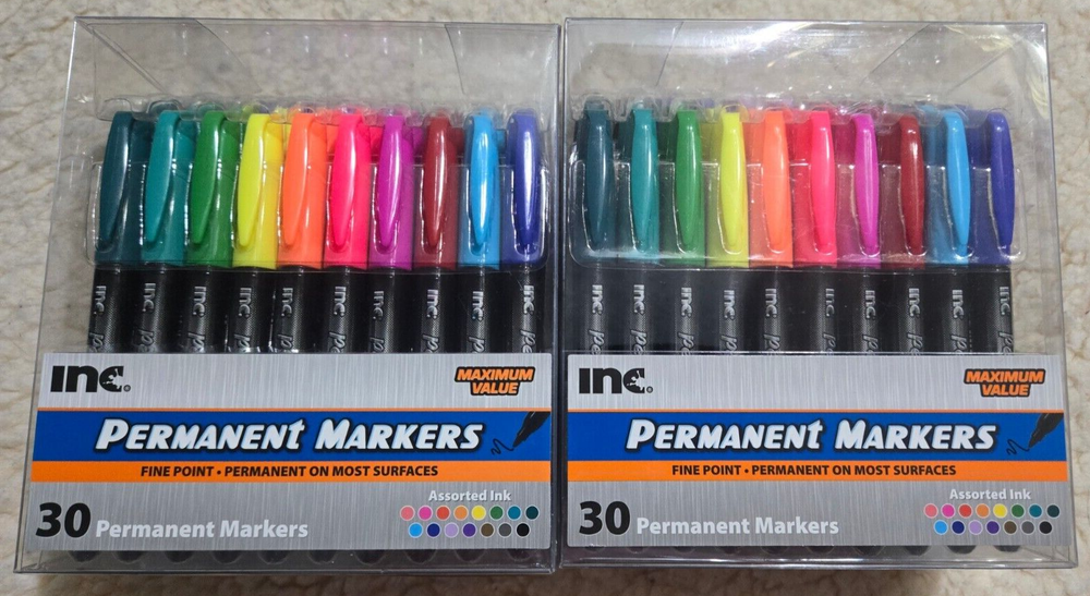 2 New Sets Inc Permanent Markers Fine Point Assorted 30 Count 15 Colors = 60 Tot