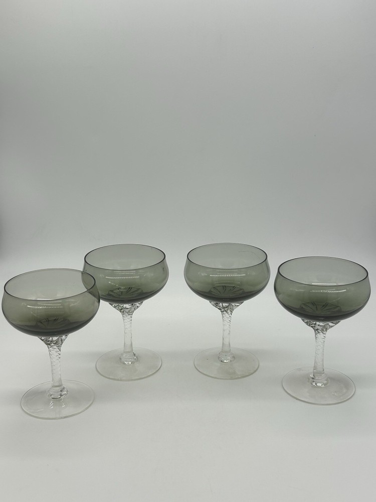 Sasaki Coronation Smoked Green Cordial Glasses w/ Clear Stems (Set of 4) Vintage