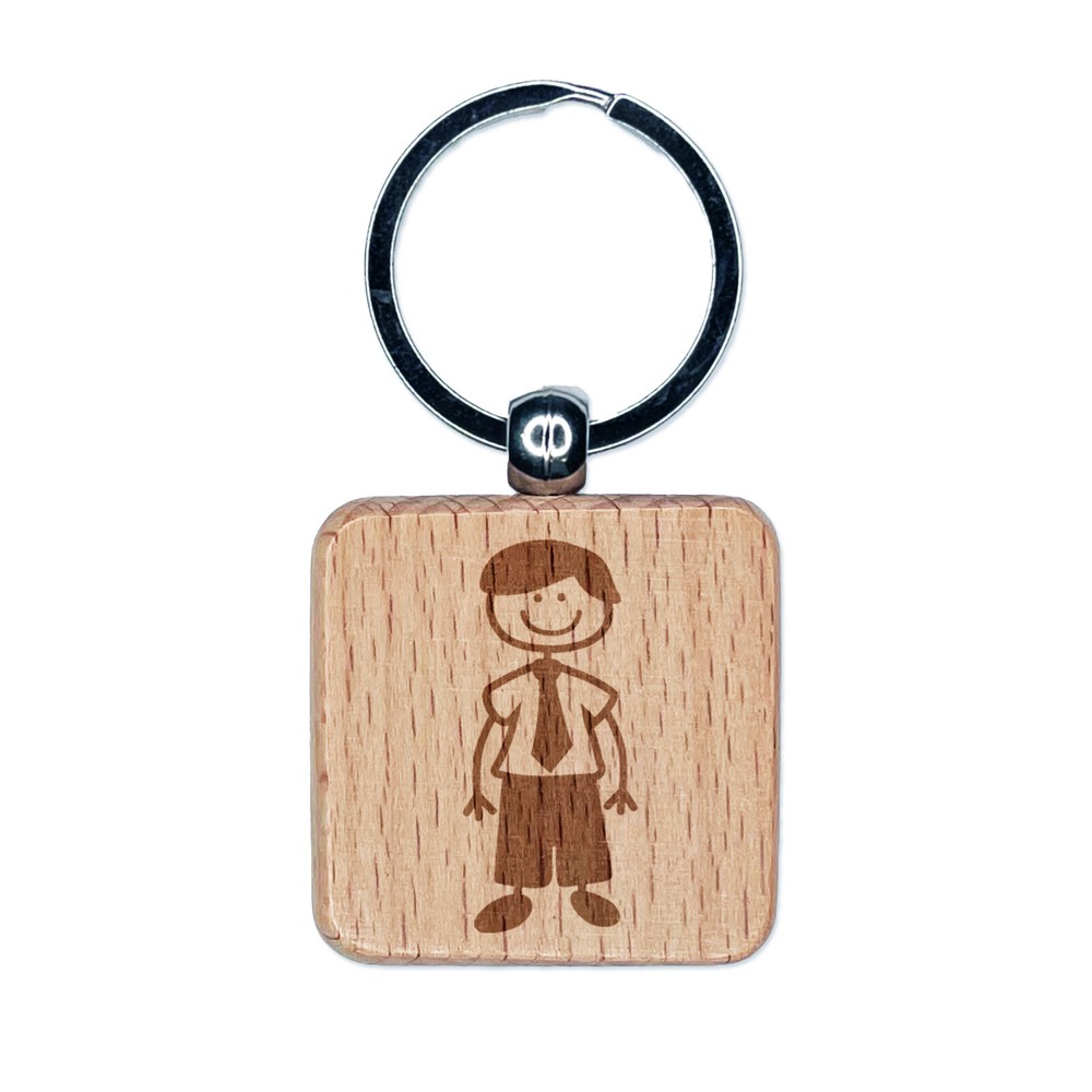 Stick Figure Man Dad Engraved Wood Square Keychain Tag Charm