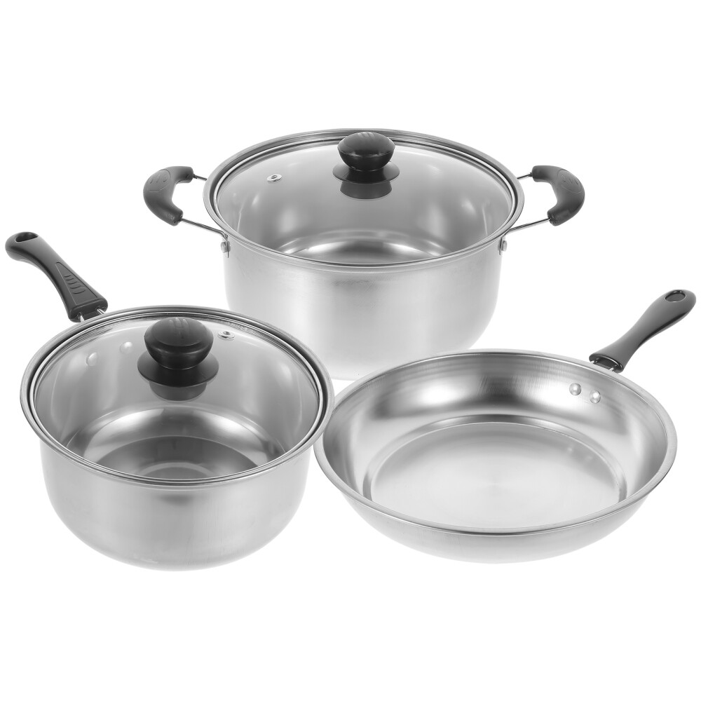 1 Set Stainless Steel Cookware - Soup Pot, Frying Pan & Milk Pan
