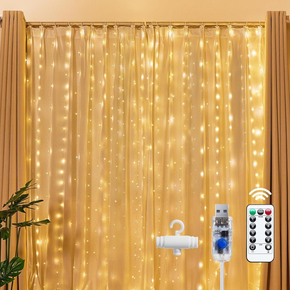 Brightown 300 LED Warm White Curtain String Lights 9.8x9.8FT USB Fairy Lights