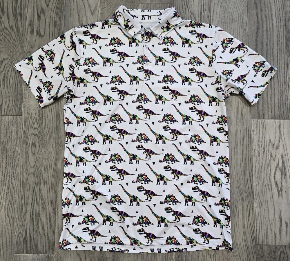 Proud 90 Golf Is Fun Reptar Polo White Multicolor Dinosaur Men’s Large Shirt