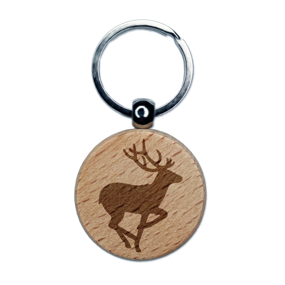 Deer Buck in Profile Solid Engraved Wood Round Keychain Tag Charm
