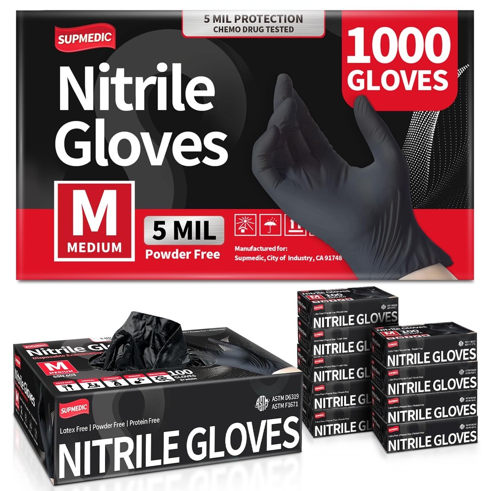 5 Mil Black Nitrile Powder-Free Exam Gloves Latex-Free Disposable Medical
