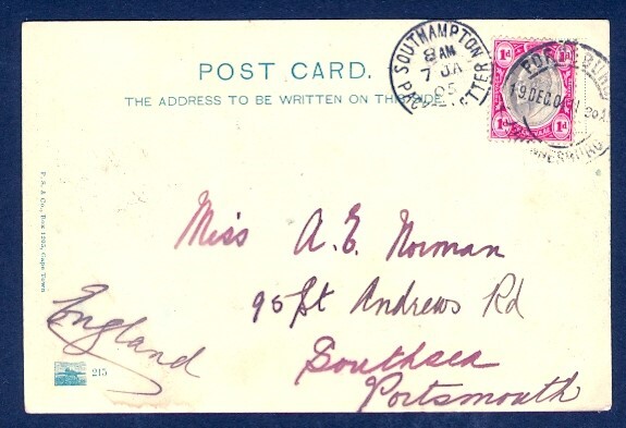 1905 Transvaal Kruger's House PPC Southampton to UK Transit CDS