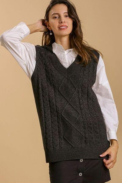 Umgee Plus Size Cable Knit V-Neck Vest Sweater