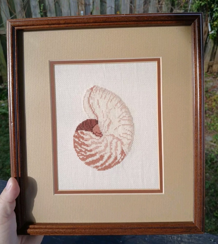 Framed Cross Stitch Nautilus Shell Nautical Wall Art Ocean Beach Home Decor Wood