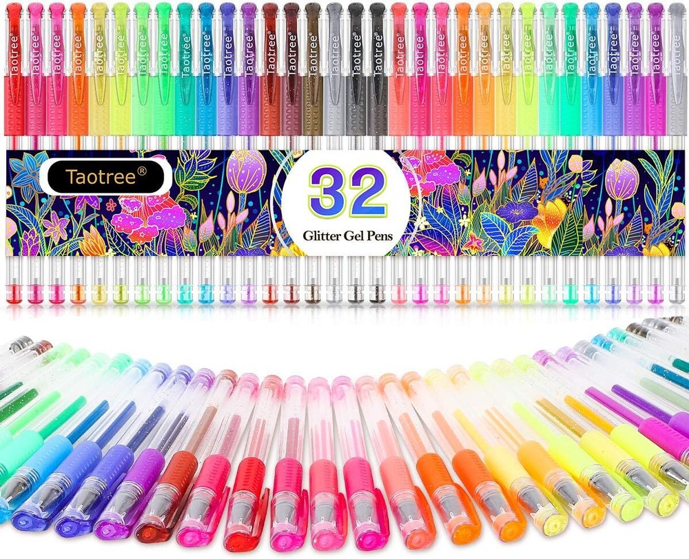 Taotree Glitter Gel Pens, 32 Color Neon 1 Count (Pack of 32), 32 Multicolor