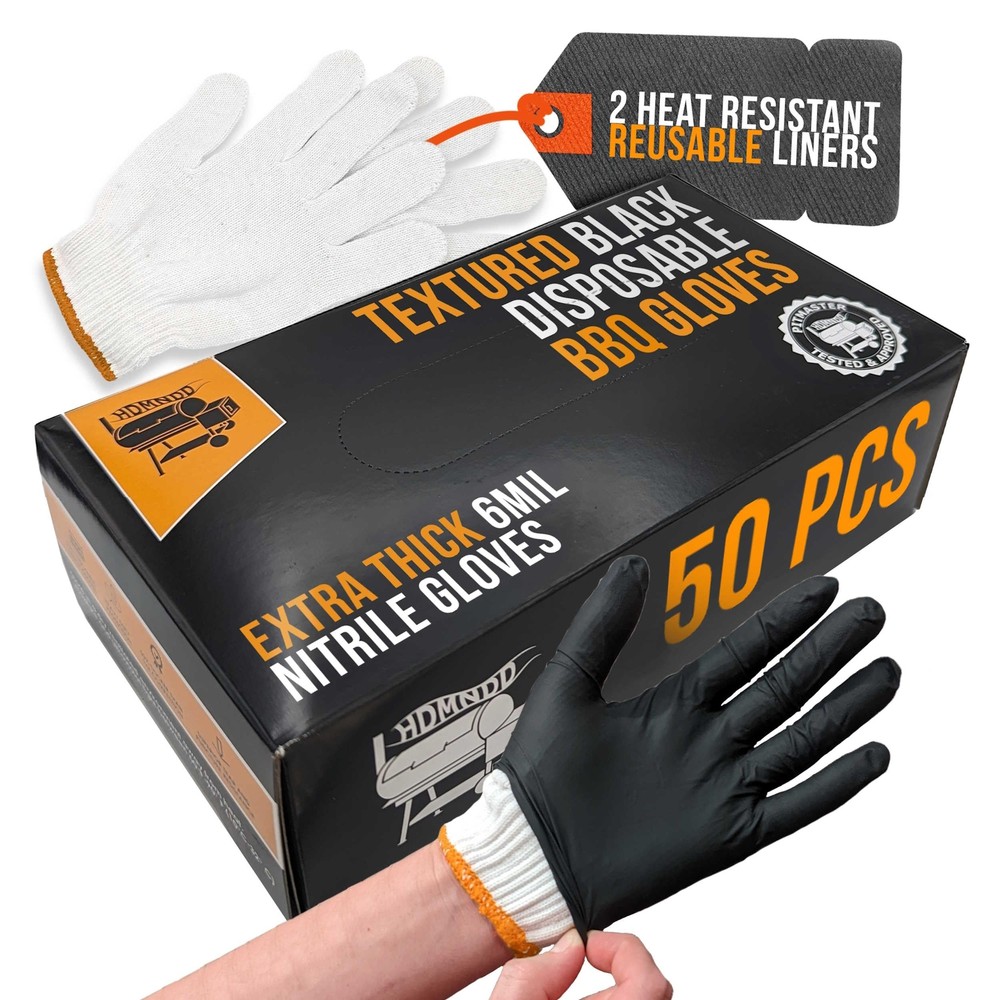 Black Disposable BBQ Gloves Kit with 50 Heavy Duty Textured Fingertip Grips a...