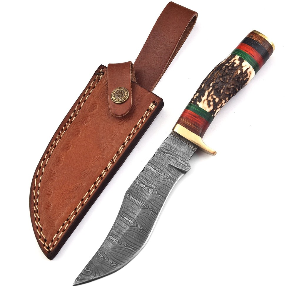 Custom Antler Handle Damascus Steel Skinner Hunting Knife M27