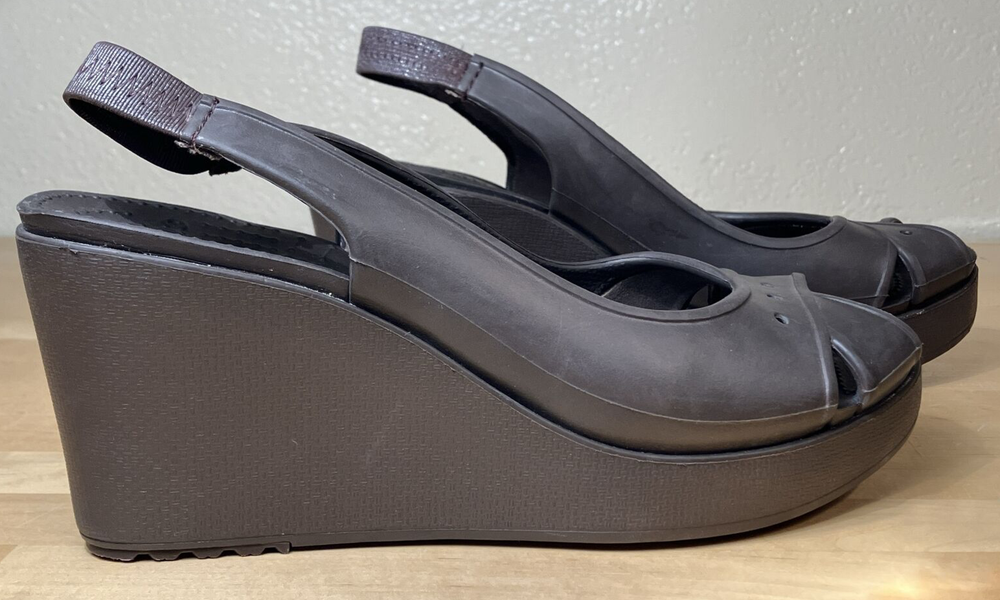 Crocs Shoes Womens 9 Farrah Wedge Slingback Sandals Heels Brown Rubber Peep Toe