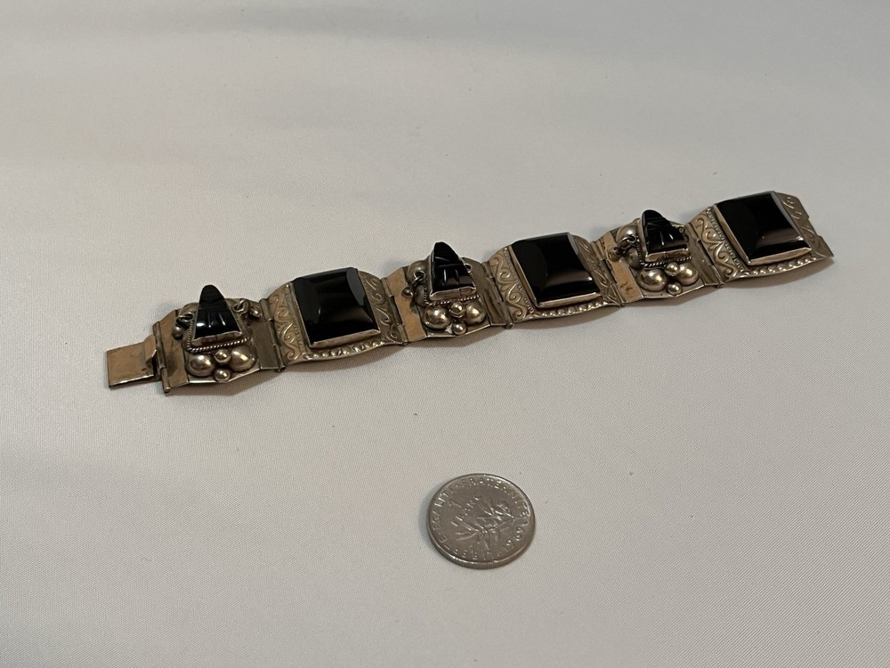 Vintage Taxco Sterling Silver Panel Bracelet Black Onyx Aztec Design Mexico 925