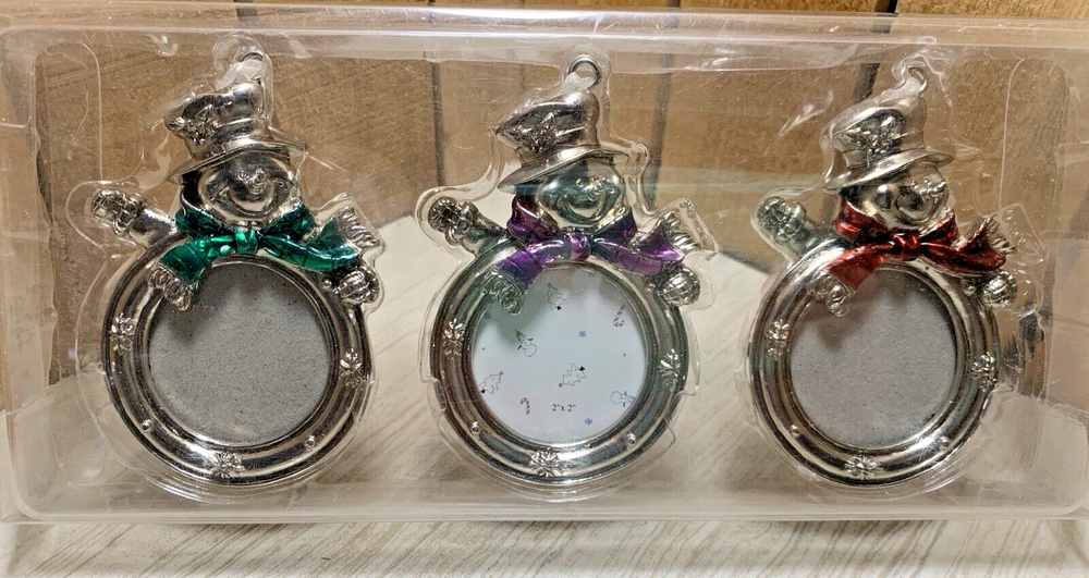 Snowman Photo Frame Ornaments Set of 3 with Colored Scarves