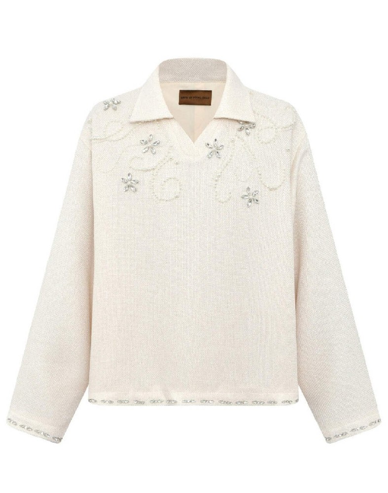 Birth Of Royal Child Diamond Embellished Floral Knit Top White