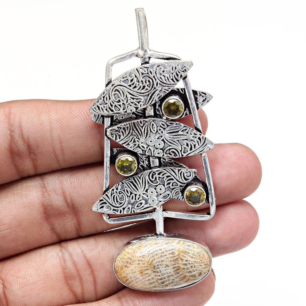 Sterling Silver Peridot Labradorite Pendant Fiery Gemstone Jewelry 2.5 Inch