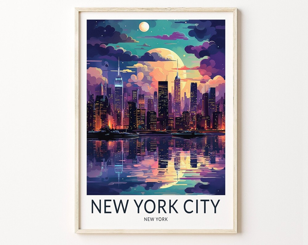New York Skyline Night Travel Poster City Art Print Wall Decor
