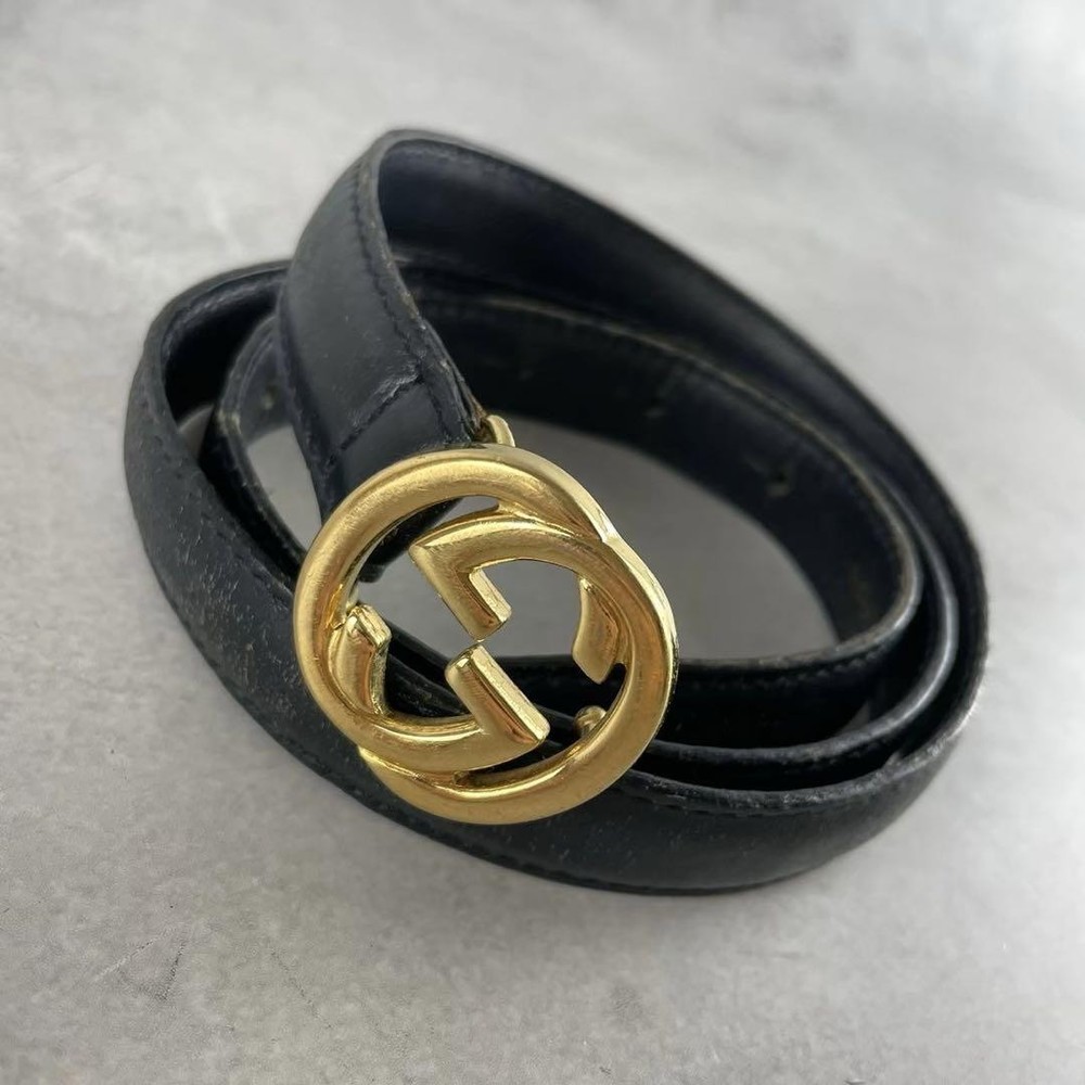 GUCCI GG Interlocking Buckle Belt in Black Gold Leather Authentic Made in Italy