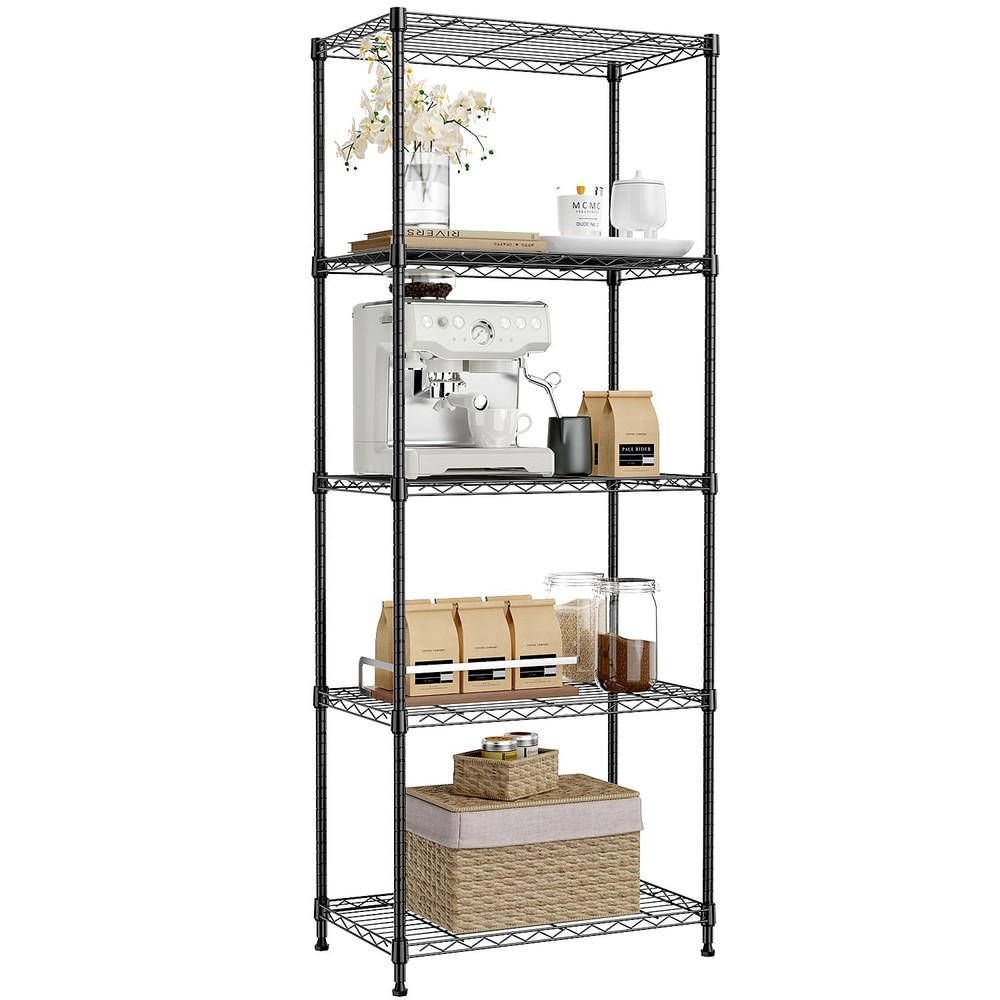 5-Tier Black Metal Storage Shelves, Adjustable Wire Shelving Unit for Kitchen...