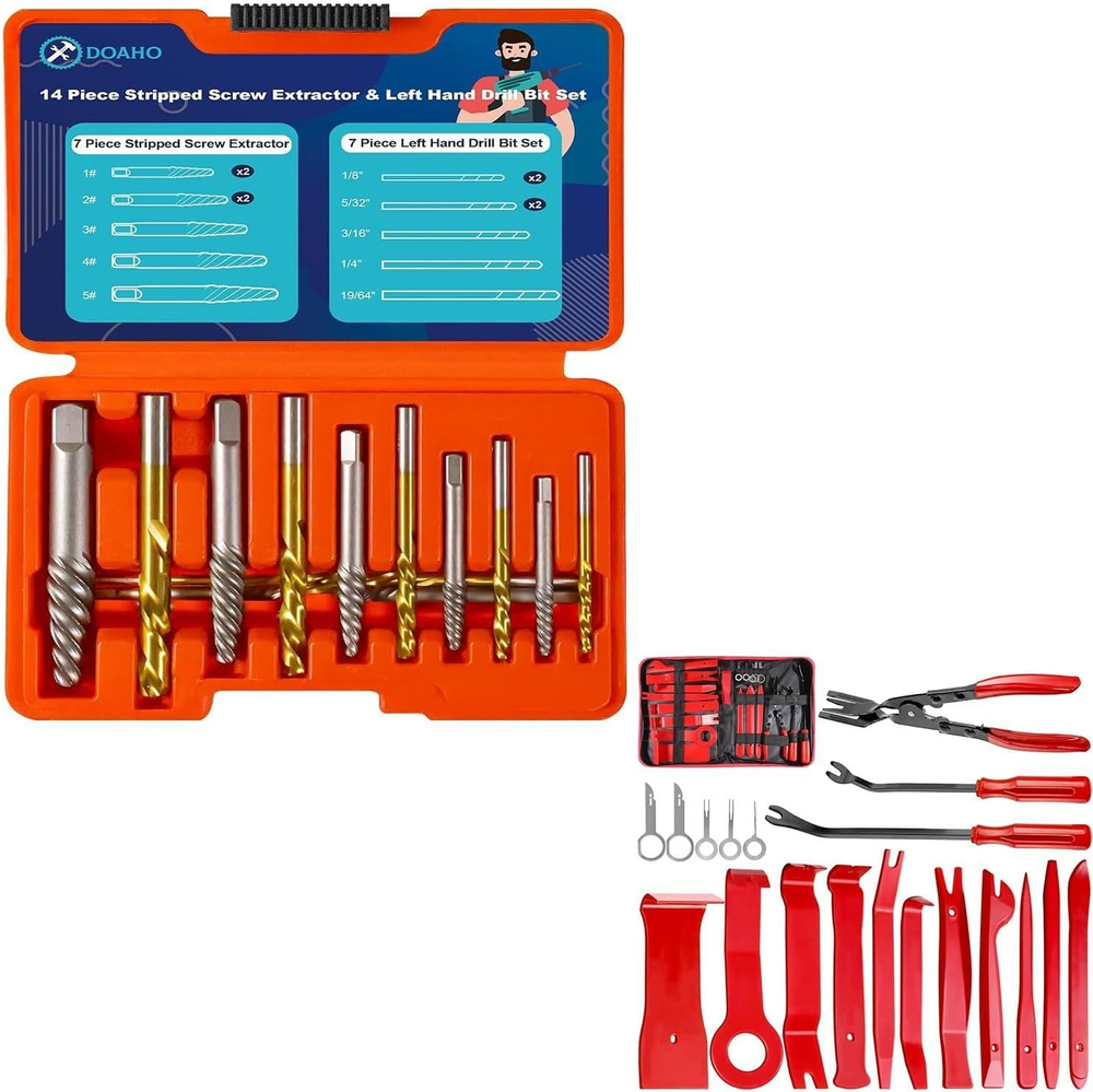 14 Pieces Screw Extractor Set, 7 PCS 35# Cr-Mo Spiral Screw Extractor Set and 7