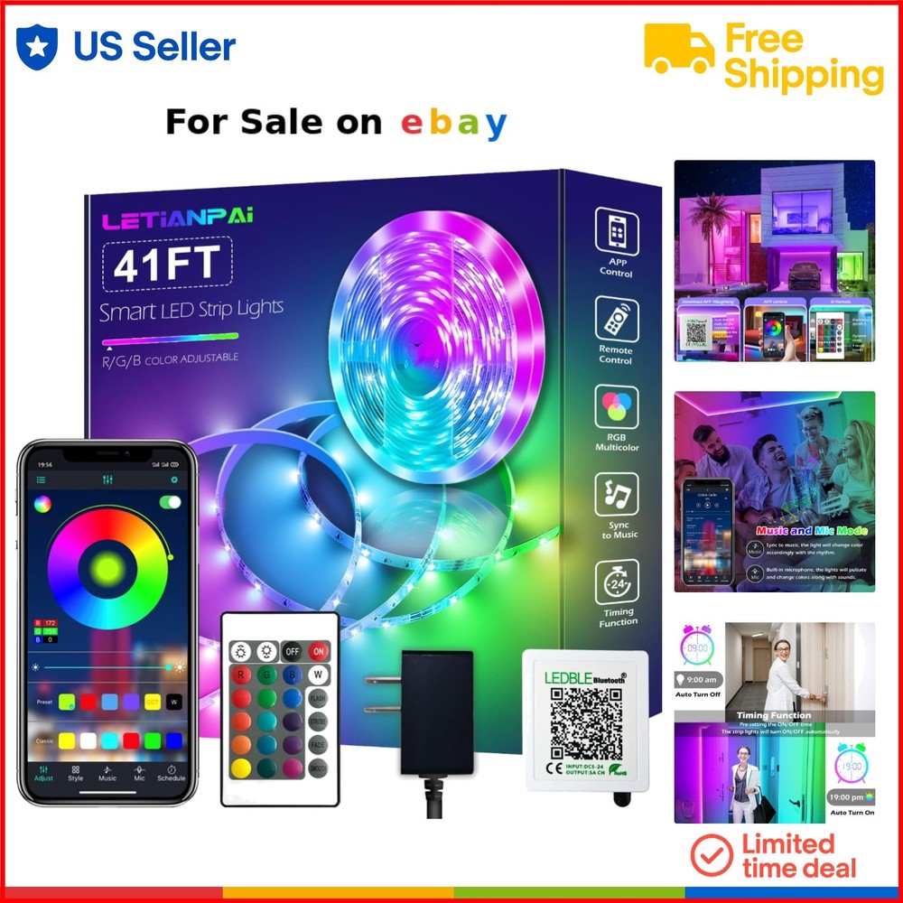 41ft Smart RGB LED Strip Lights with Music Sync App and IR Remote for Indoor Decor