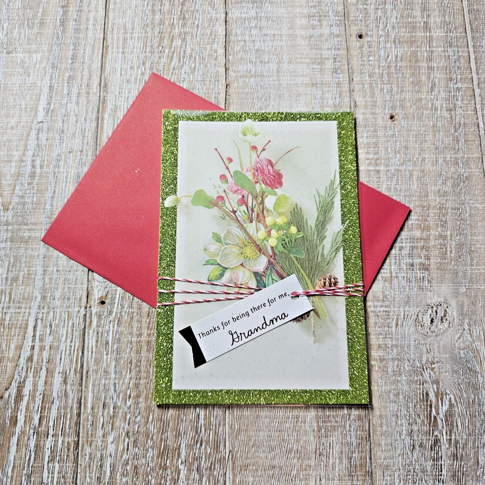 Festive Green Glitter Floral Ribbon Christmas Card For Grandma
