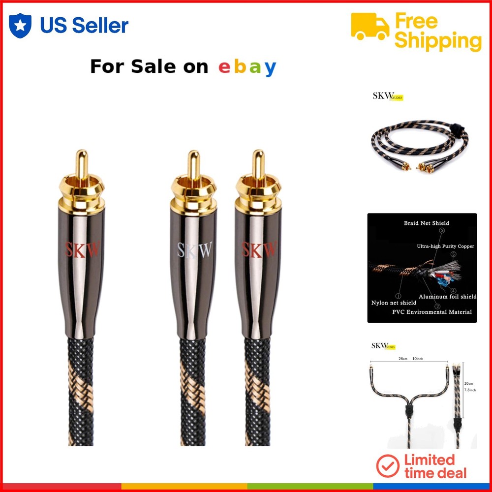 RCA Y Splitter Cable 1 Male to 2 Male Stereo Audio Subwoofer Home Theater