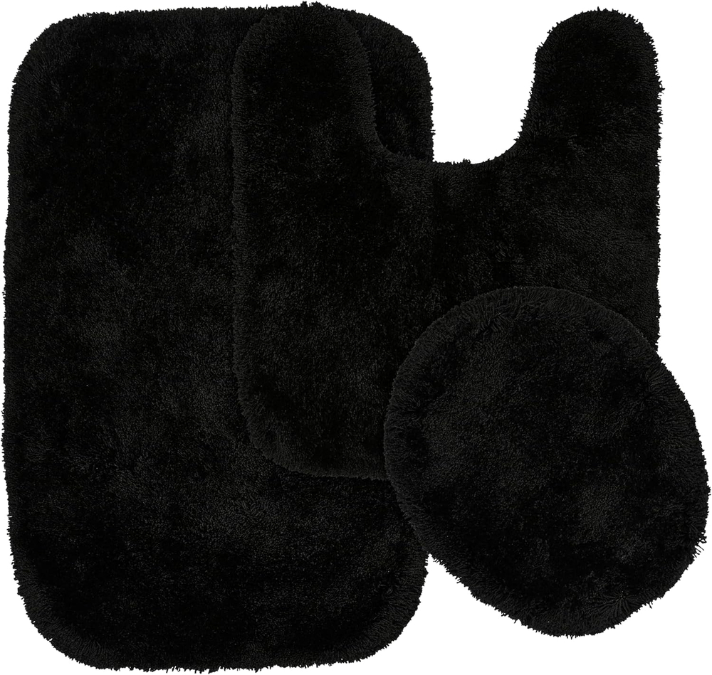 Ultra Plush Washable Luxury Black 3-Piece Bath Rug Set with Basin Blue Accents