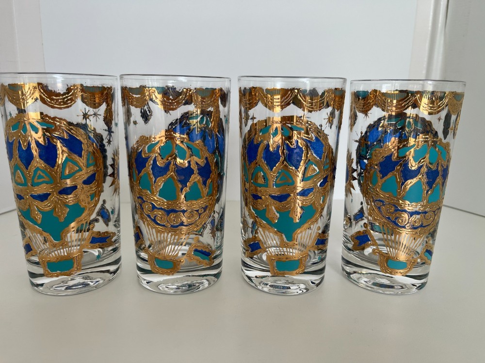 Set of 4 Georges Briard 22k gold Hot Air Balloon high ball glasses/Vintage Rare