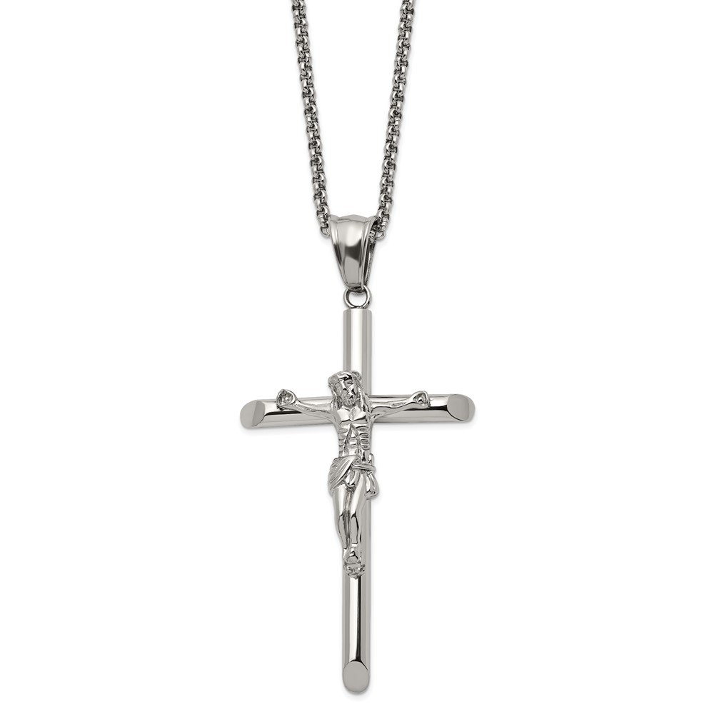 Stainless Steel Polished Large Crucifix Pendant Box Chain Necklace 22