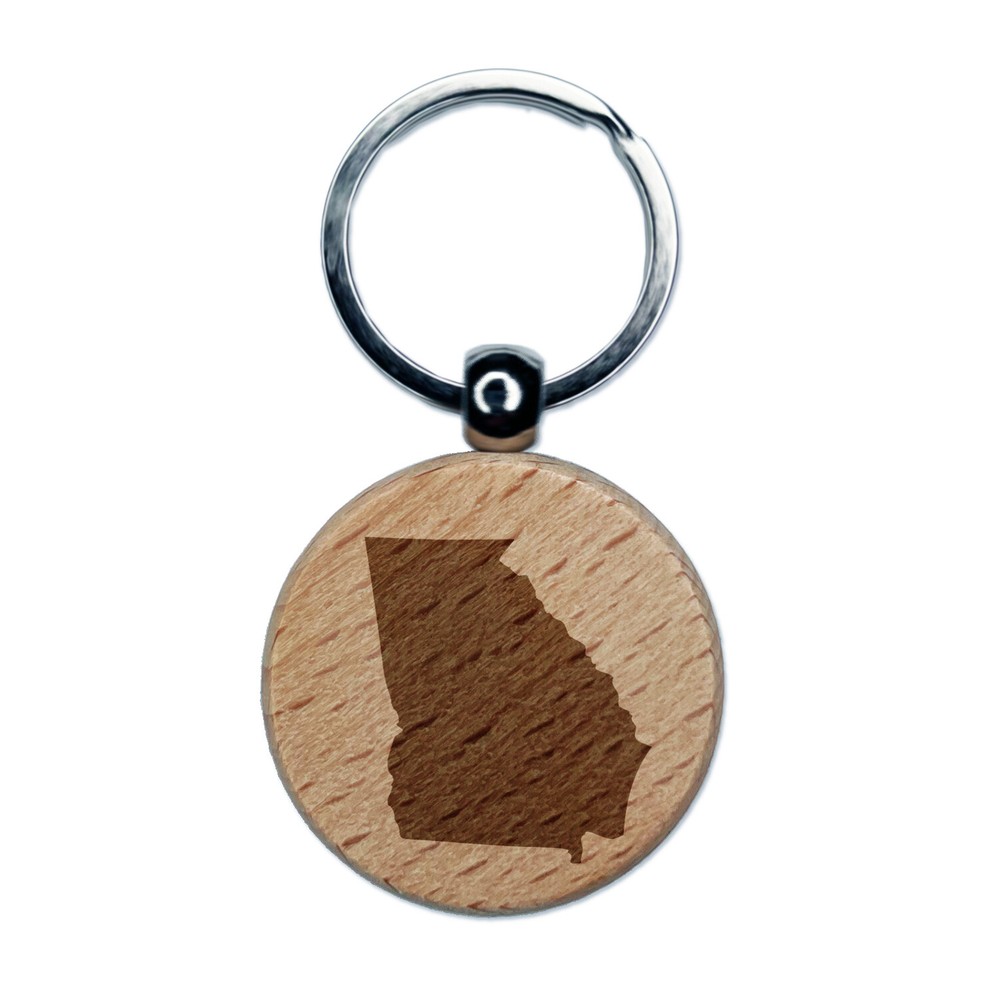 Georgia State Silhouette Engraved Wood Round Keychain Tag Charm