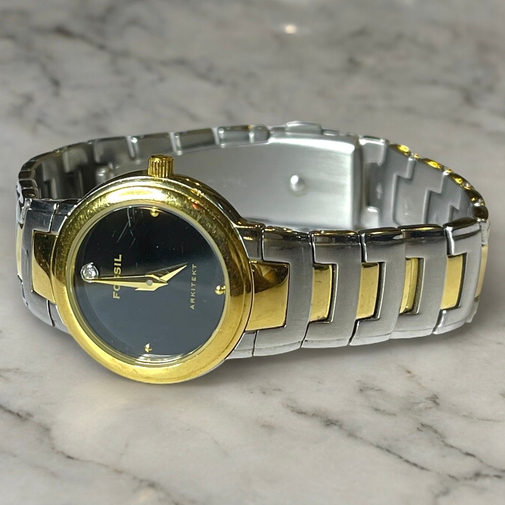 Vintage Fossil Arkitekt Womens Watch Stainless Steel Black Dial Rhinestone Working