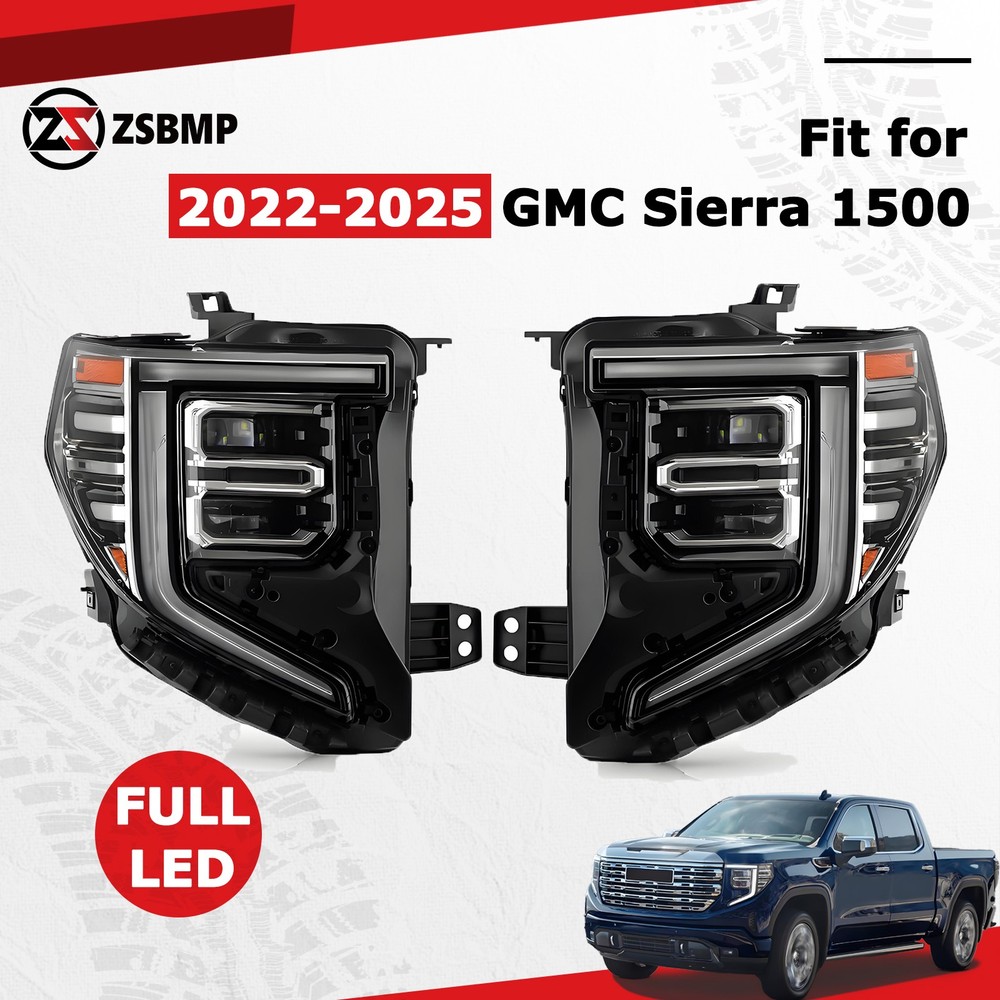 Full LED Headlights For 2022 2023 2024 2025 GMC Sierra 1500 w/ Chrome Bezel Pair