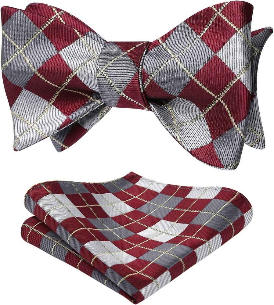 Men's Check Plaid Self-Tie Bow Tie - Red & Grey One Size B-05