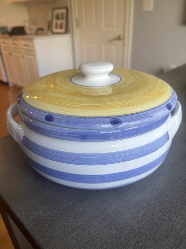 Vtg. Caleca Italian Hand-Painted Covered Casserole Dish/Bean Pot