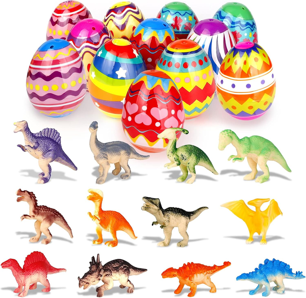 Tinabless Toys Filled Easter Eggs, Bright Colorful Eggs Prefilled with Dinosaur