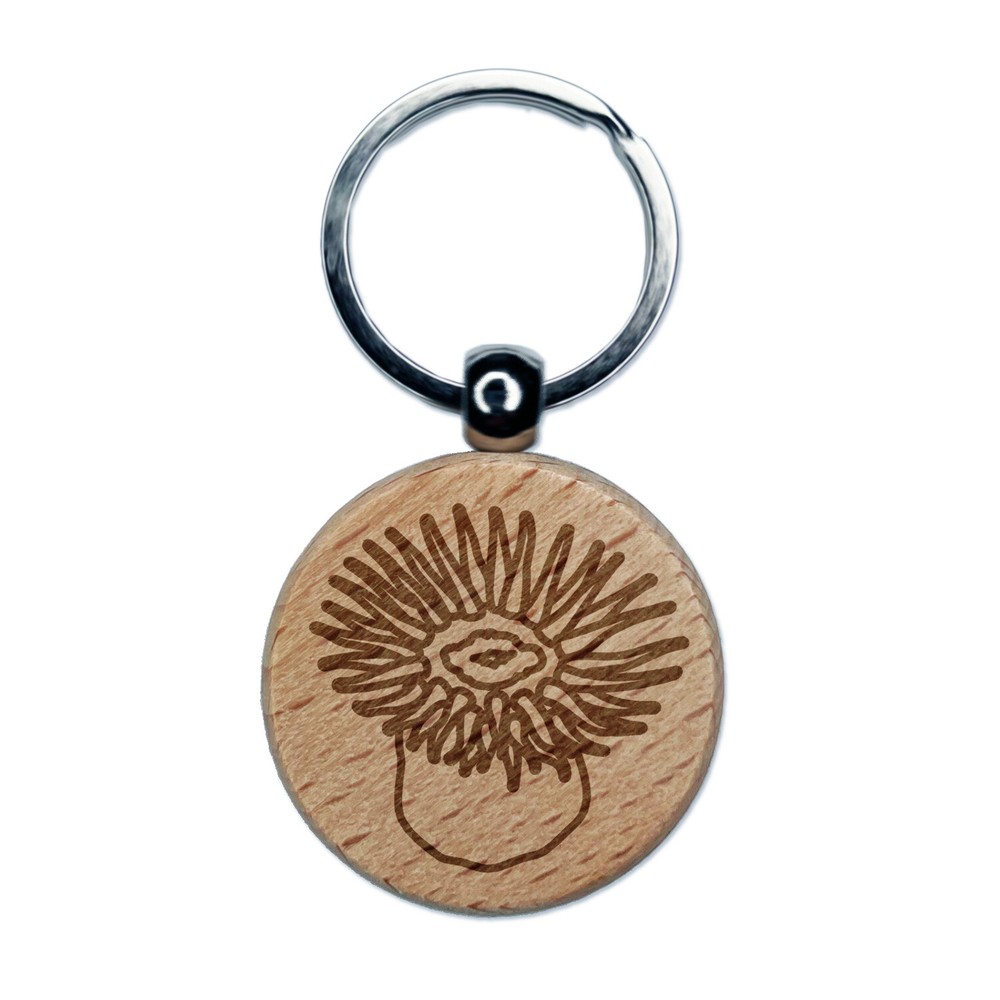 Ocean Anemone Tentacle Wood Engraved Round Keychain Charm
