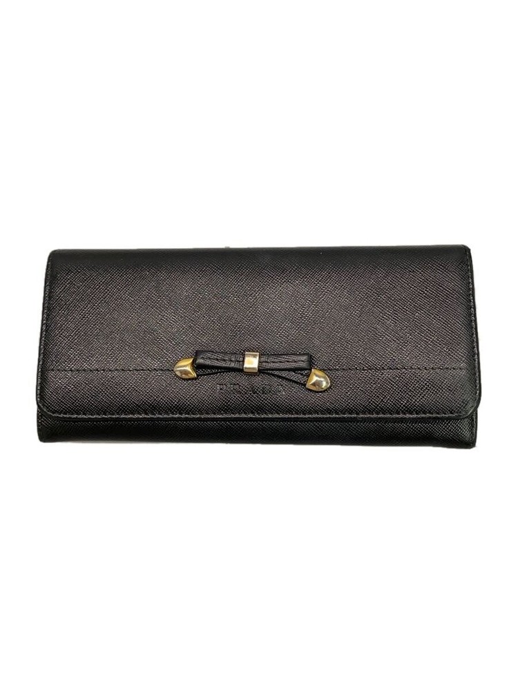 Prada Black Leather Long Wallet for Women with Ribbon Motif 1M1132