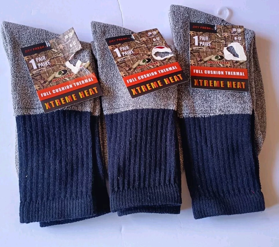 Mossy Oak Thermal Socks Size 10-13 Xtreme Heat Cushioned 3-Pack New
