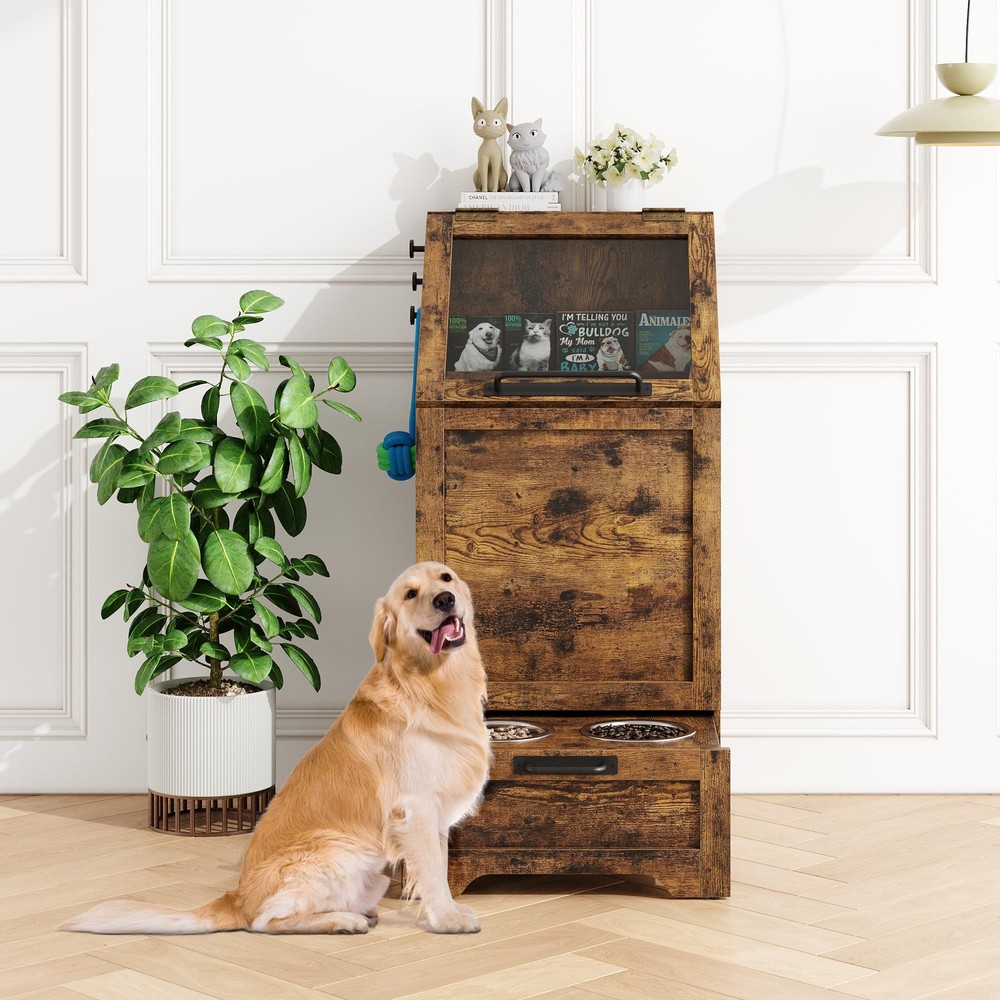 Elevated Dog Feeding Station with Dual Bowl Holder and Flip Top Storage Cabinet