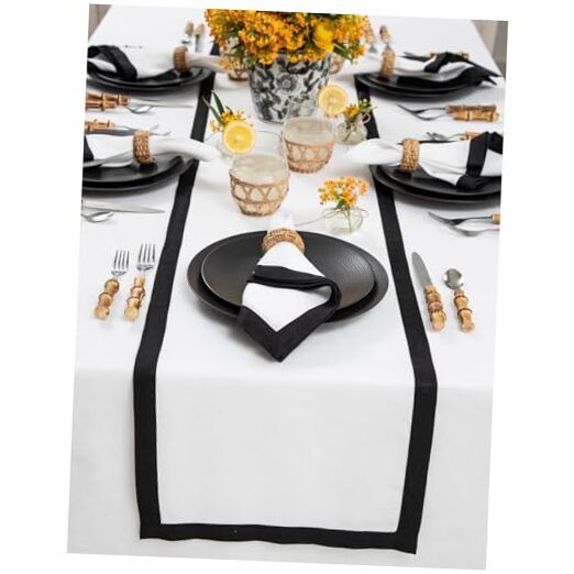 108-Inch Linen Table Runner in Black & White – Classic 14x108 Design for Elegant Dining