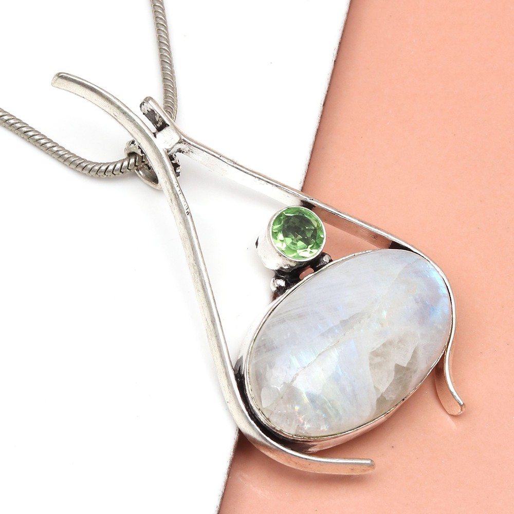 Sterling Silver 2.25 Inch Rainbow Moonstone Pendant Jewelry for Easter