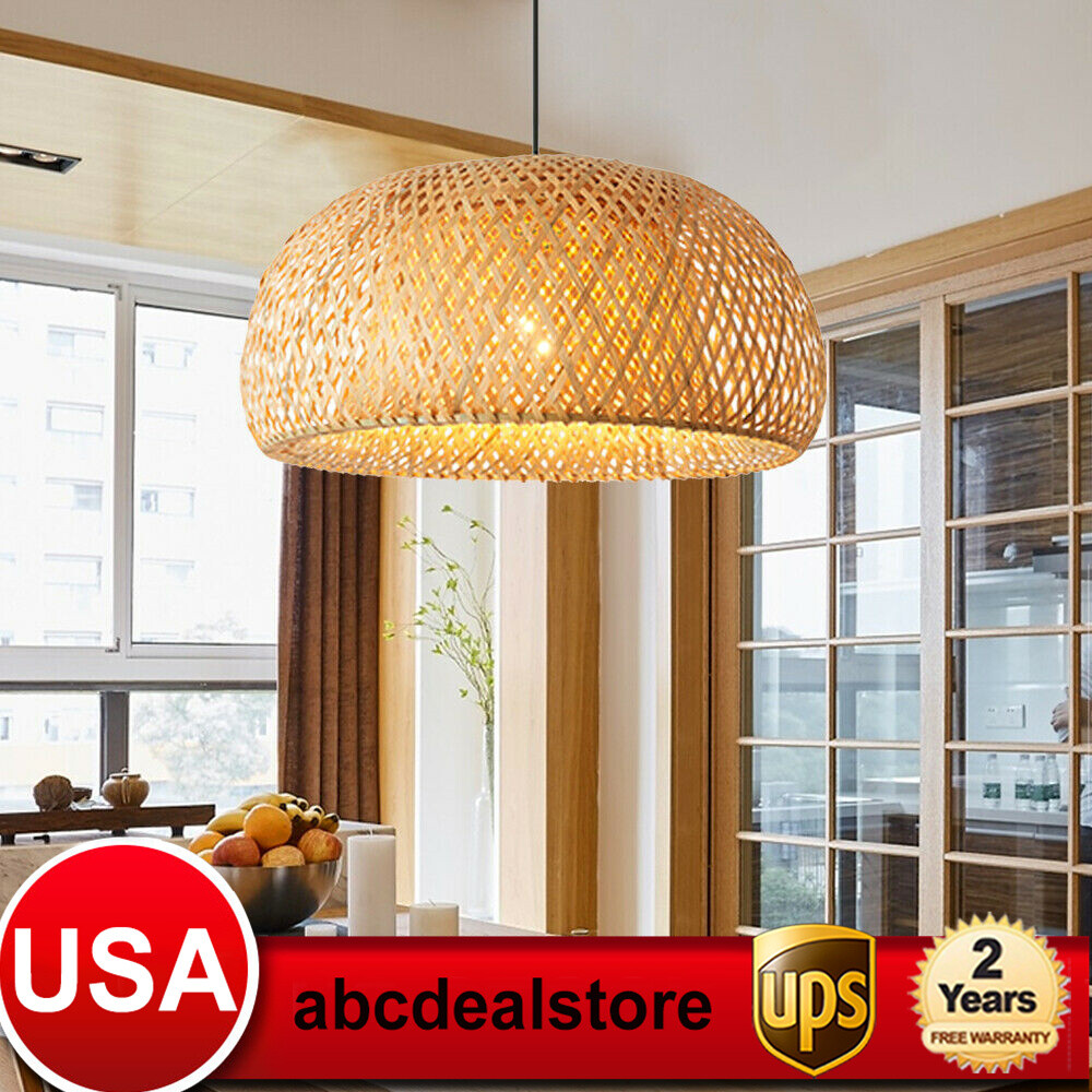 Vintage Bamboo Wicker Rattan Shade Pendant Light Hanging Fixture Ceiling Lamp
