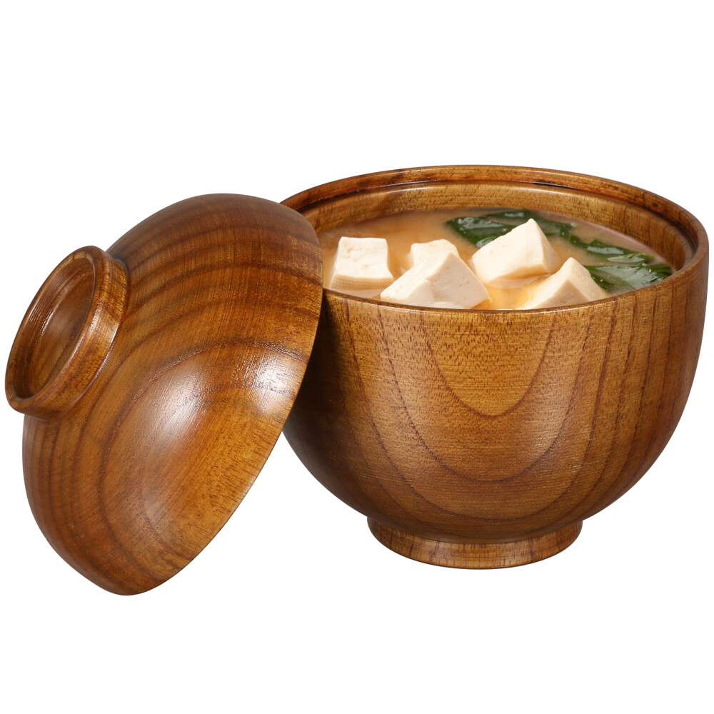 2-Piece Japanese Rice & Soup Bowls with Wooden Lids - Rustic Asian Style