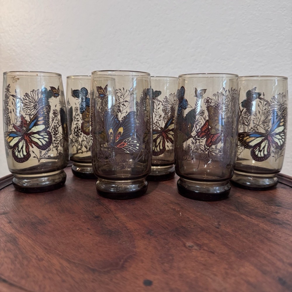 Vtg Smokey Tawny Libbey Butterfly Meadow Garden Cottage 16oz Glasses Lot Of 6