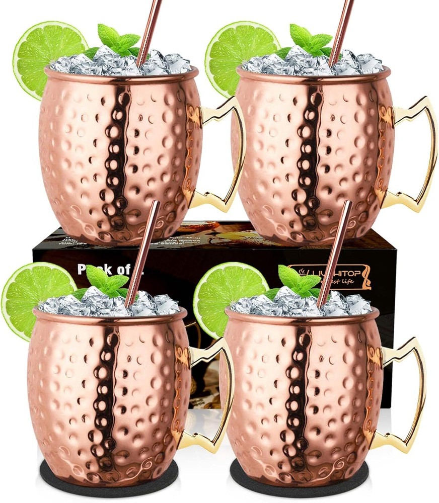 4-Piece Handcrafted Copper Moscow Mule Mug Set 19.5 oz